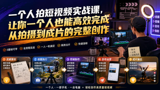 一个人拍短视频实战课,让你一个人也能高效完成从拍摄到成片的完整创作-玩备项目资源网
