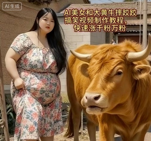 AI美女和大黄牛摔跤搞笑荒诞视频制作教程，快速涨千粉万粉-玩备项目资源网
