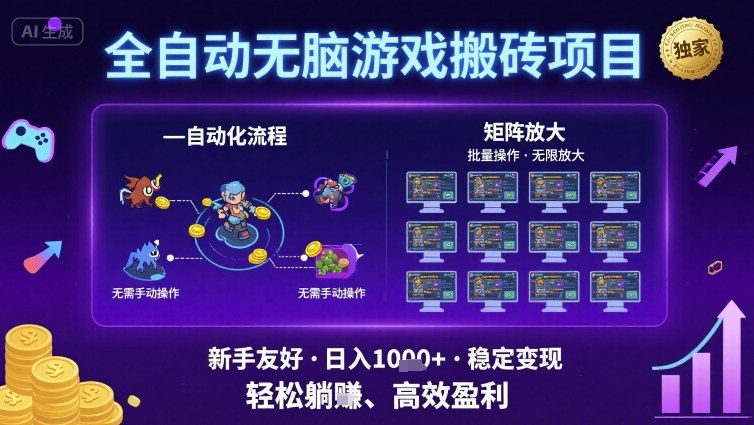全自动无脑游戏搬砖项目，独家玩法，可批量矩阵无限放大，新手也能轻松日入1k+【揭秘】-玩备项目资源网