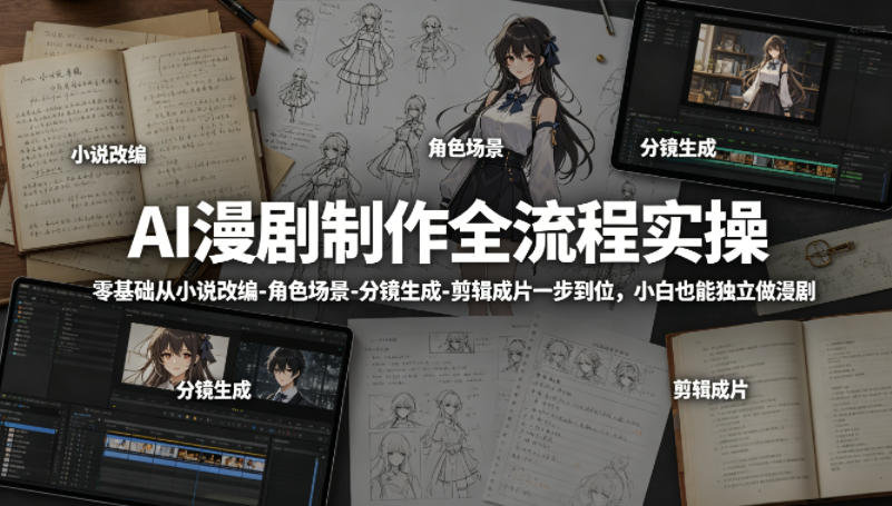 AI漫剧制作全流程实操，零基础从小说改编-角色场景-分镜生成-剪辑成片一步到位，小白也能独立做漫剧-玩备项目资源网