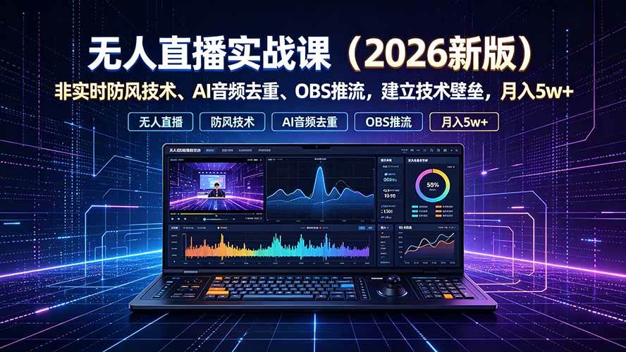 (19292期)无人直播实战课(更新7月),非实时防风技术、AI音频去重、OBS推流,建立技术壁垒,月入5w+-玩备项目资源网