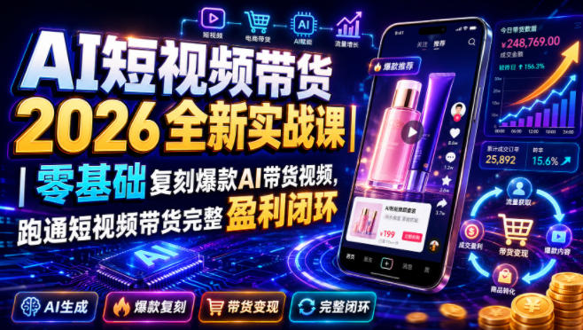 AI短视频带货2026全新实战课|零基础复刻爆款AI带货视频,跑通短视频带货完整盈利闭环-玩备项目资源网