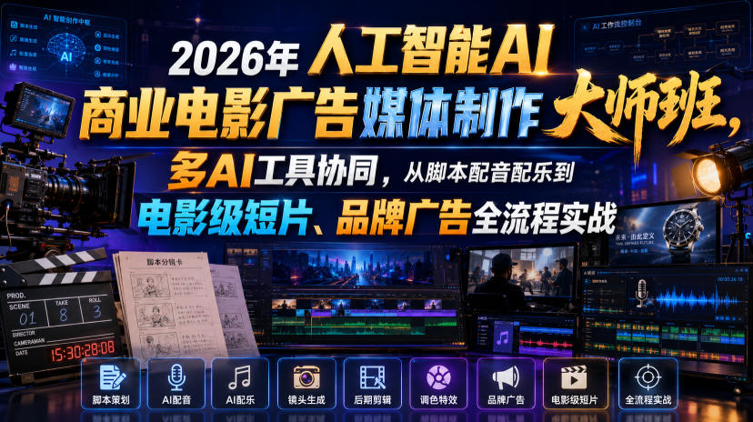 2026年人工智能AI商业电影广告媒体制作大师班，多AI工具协同，从脚本配音配乐到电影级短片、品牌广告全流程实战（中英字幕）-玩备项目资源网