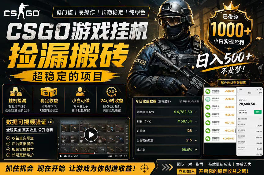 CSGO游戏搬砖，全自动挂G，不需要玩游戏，手机操作日入300+，解放双手【揭秘】-玩备项目资源网