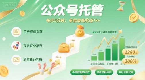 【公众号托管 】我提供文章，你发布，每天5分钟，单篇最高收益1k+【揭秘】-玩备项目资源网