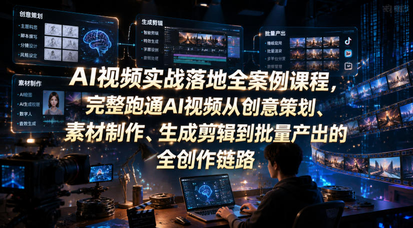 AI视频实战落地全案例课程，完整跑通AI视频从创意策划、素材制作、生成剪辑到批量产出的全创作链路-玩备项目资源网
