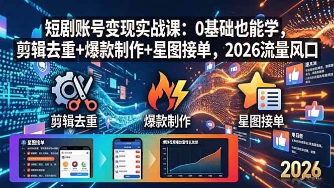 （18160期）短剧账号变现实战课：0基础也能学，剪辑去重+爆款制作+星图接单，2026流量风口-玩备项目资源网