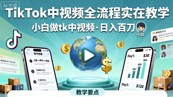 TikTok中视频全流程实操教学，小白做tk中视频，日入百刀-玩备项目资源网