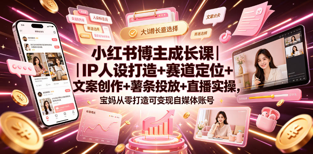 小红书博主成长课｜IP人设打造+赛道定位+文案创作+薯条投放+直播实操，宝妈从零打造可变现自媒体账号-玩备项目资源网