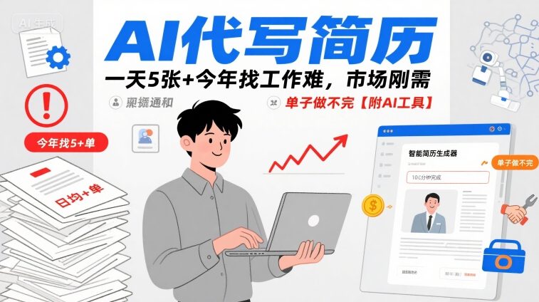 AI代写简历，一天5张+今年找工作难，市场刚需，单子做不完【附AI工具】-玩备项目资源网