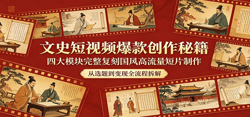 文史短视频爆款创作秘籍：四大模块完整复刻国风高流量短片制作-玩备项目资源网