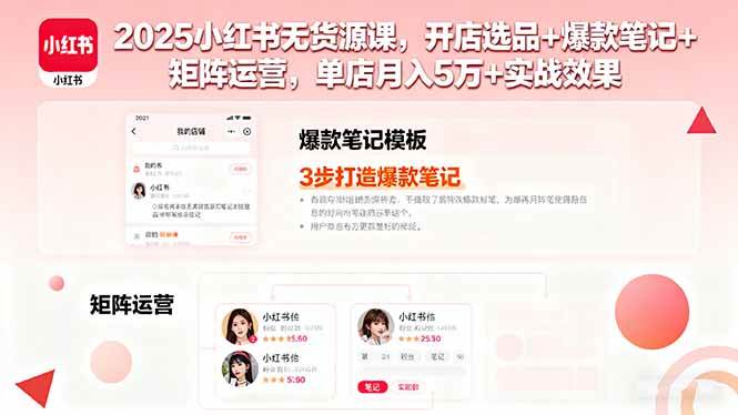 （16024期）2025小红书无货源课，开店选品+爆款笔记+矩阵运营，单店月入5万+实战效果-玩备项目资源网