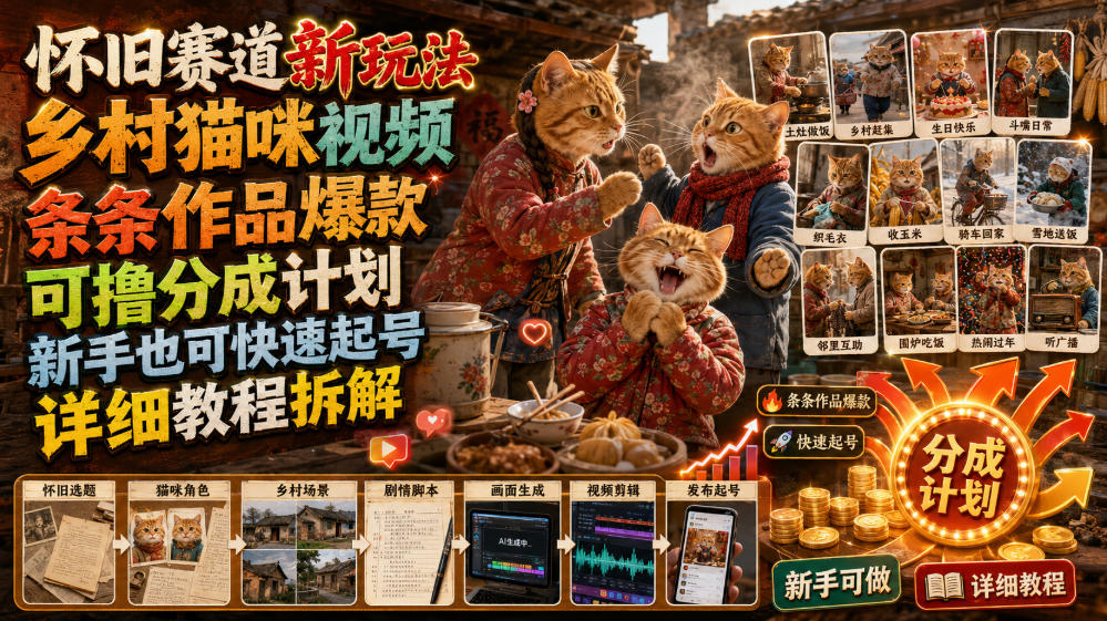 怀旧赛道新玩法,乡村猫咪视频,条条作品爆款,可撸分成计划,新手也可快速起号,详细教程拆解-玩备项目资源网