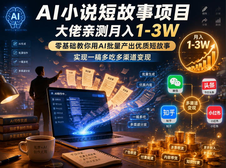 AI小说短故事项目，大佬亲测月入1-3W，零基础教你用AI批量产出优质短故事，实现一稿多吃多渠道变现-玩备项目资源网