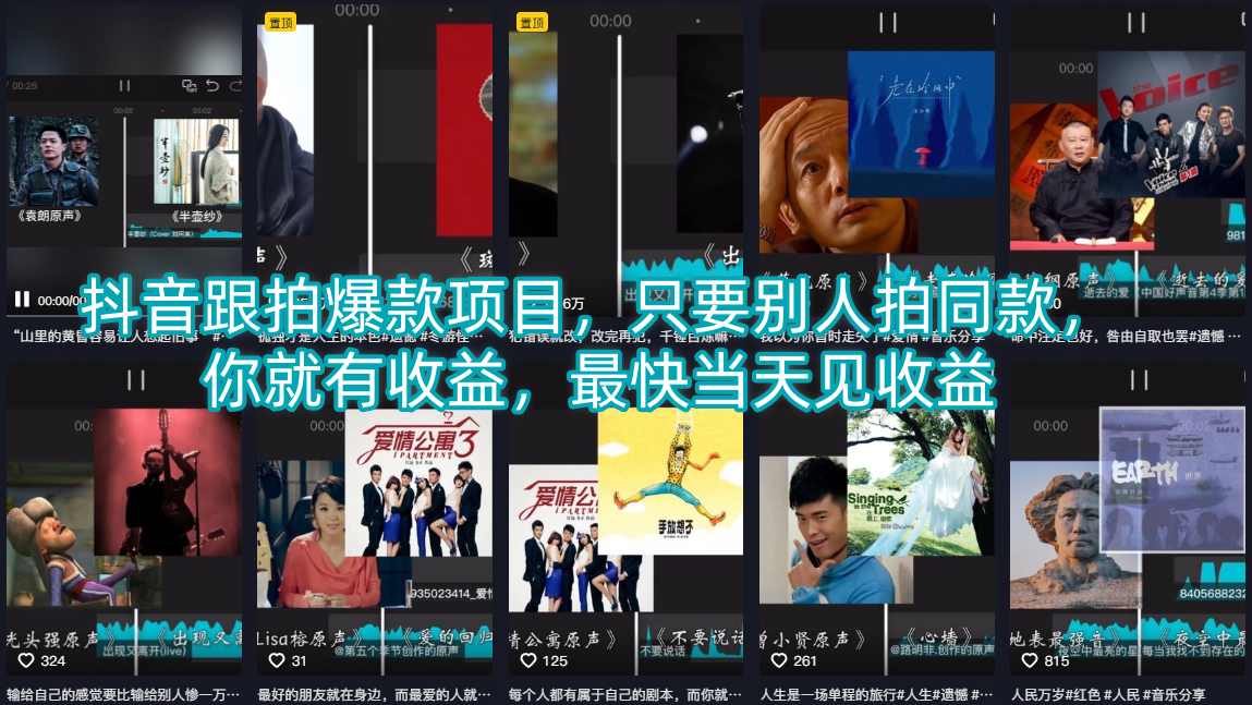 抖音跟拍爆款项目，只要别人拍同款，你就有收益，最快当天见收益-玩备项目资源网