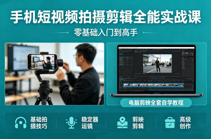 手机短视频拍摄剪辑全能实战课：零基础入门到高手，稳定器运镜+电脑剪映全套自学教程-玩备项目资源网