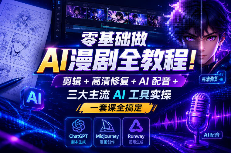 零基础做AI漫剧全教程!剪辑+高清修复+AI配音+三大主流AI工具实操,一套课全搞定-玩备项目资源网