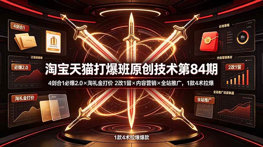 (19428期) 淘宝天猫打爆班原创技术第84期:4剑合1必爆2.0×淘礼金打价×2改1留×内容营销×全站推广,1款4术拉爆-玩备项目资源网