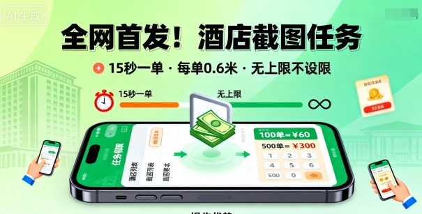 全网首发！酒店截图任务，15秒一单，每单0.6米，任务无上限不设限，矩阵操作单日3张到手【揭秘】-玩备项目资源网
