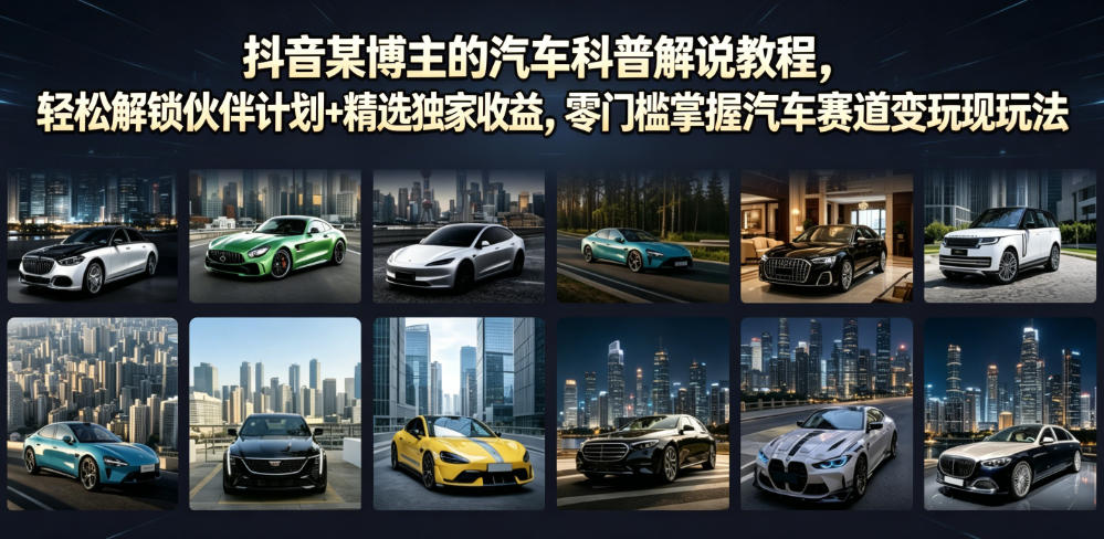 抖音某博主的汽车科普解说教程，轻松解锁伙伴计划+精选独家收益，零门槛掌握汽车赛道变现玩法-玩备项目资源网