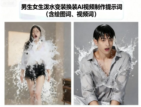 男生女生泼水变装换装AI视频制作提示词(含绘图词、视频词)-玩备项目资源网