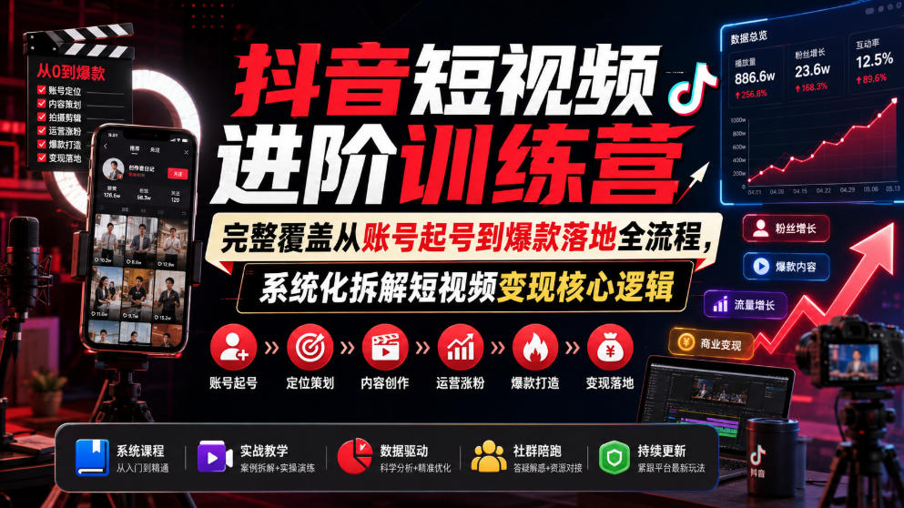 抖音短视频进阶训练营,完整覆盖从账号起号到爆款落地全流程,系统化拆解短视频变现核心逻辑-玩备项目资源网