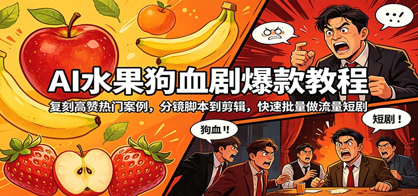 AI水果狗血剧爆款教程：复刻高赞热门案例，分镜脚本到剪辑，快速批量做流量短剧-玩备项目资源网