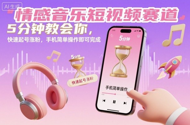情感音乐短视频赛道，5分钟教会你，快速起号涨粉，手机简单操作即可完成-玩备项目资源网