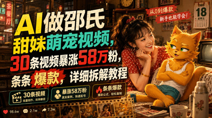 AI做邵氏甜妹萌宠视频，30条视频暴涨58万粉，条条爆款，详细拆解教程-玩备项目资源网